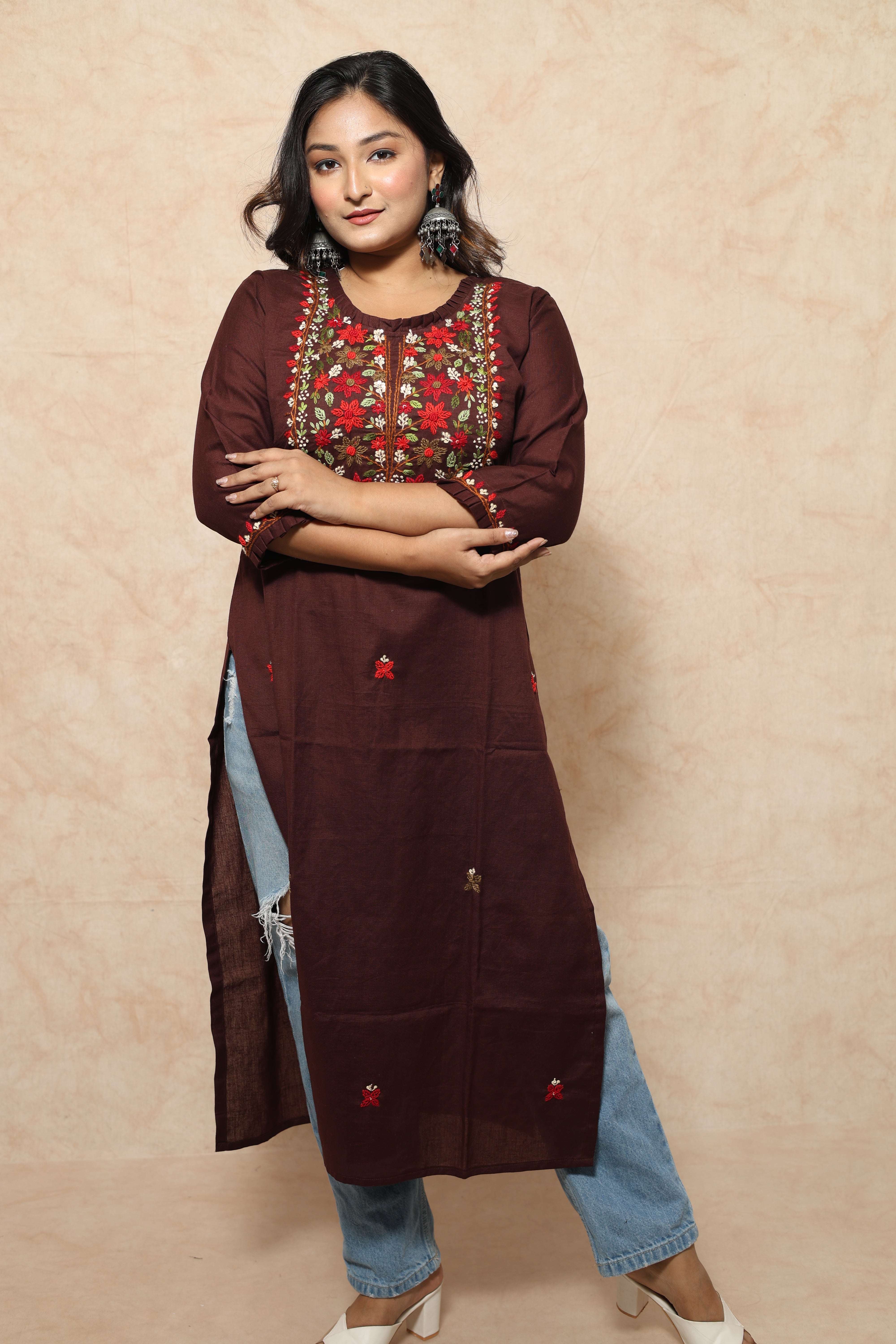 Chocolate Color Hand Embroidery Cotton Kurta